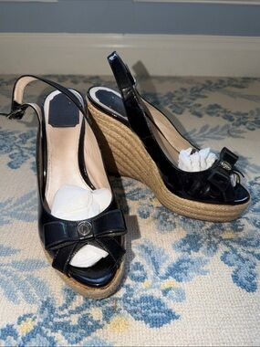 Christian Dior Black Patent Leather Bow Espadrille Wedge Sandals 38.5